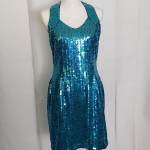 Robert Anthony Vintage 90's Blue/Green Sequin Fitted Cocktail Mini Dress Size 12